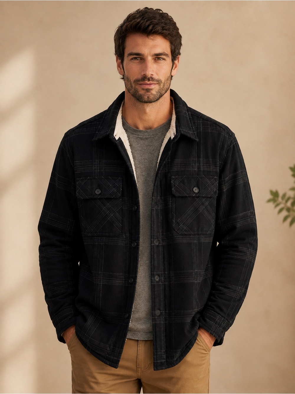 Jachs New York Plaid Sherpa Black Gray Button Down Flannel Lined Shacket Warm XL